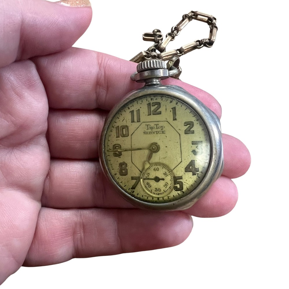 Vintage Tip Top Service Pocket Watch with T-Bar Fob Chain Silver Tone Antique - Picture 3 of 6